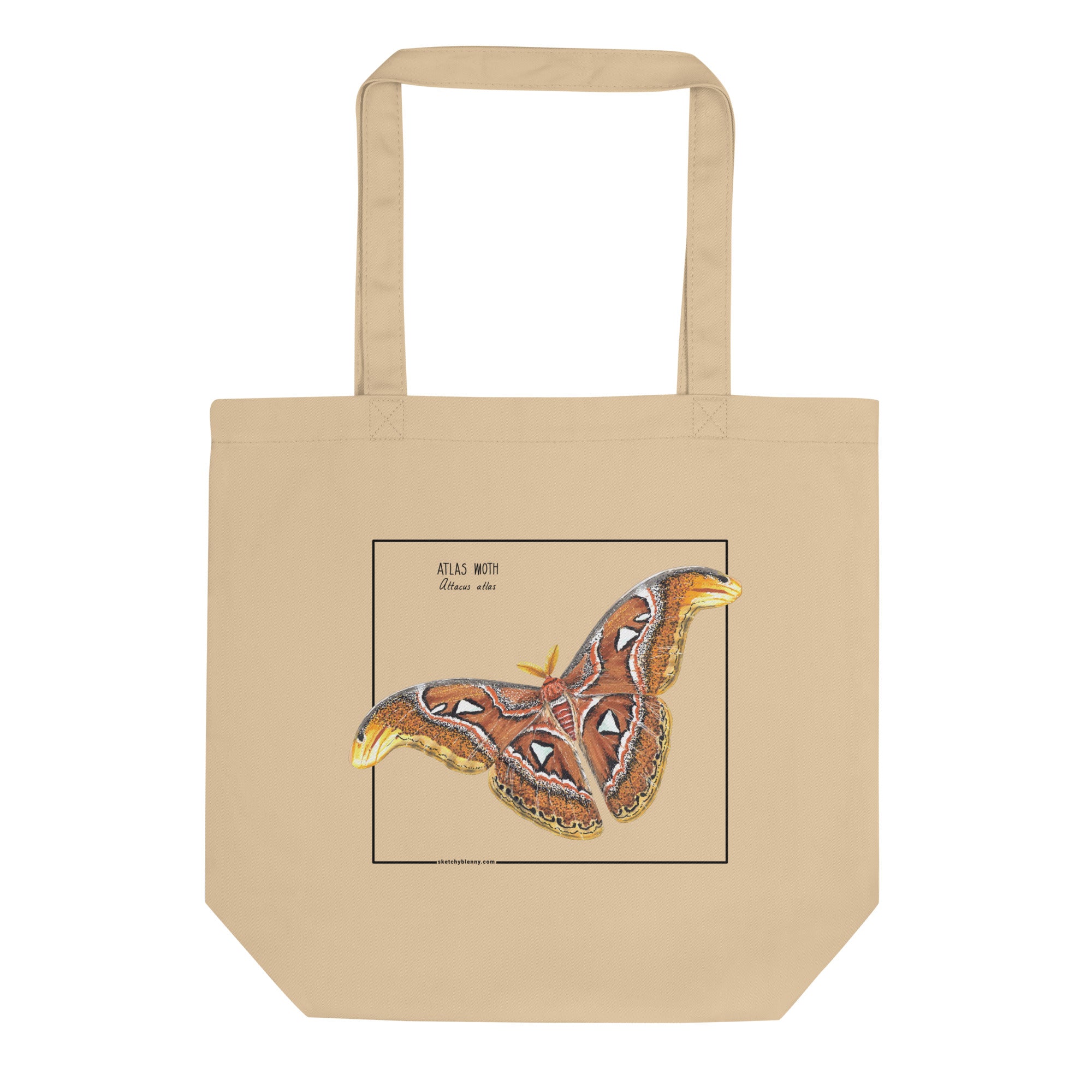 Product mockup of our atlas moth organic tote bag. Here seen lying flat on a surface.