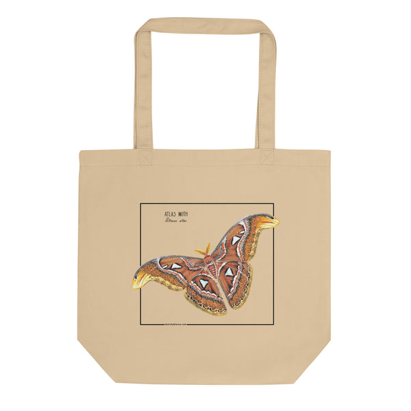 Product mockup of our atlas moth organic tote bag. Here seen lying flat on a surface.