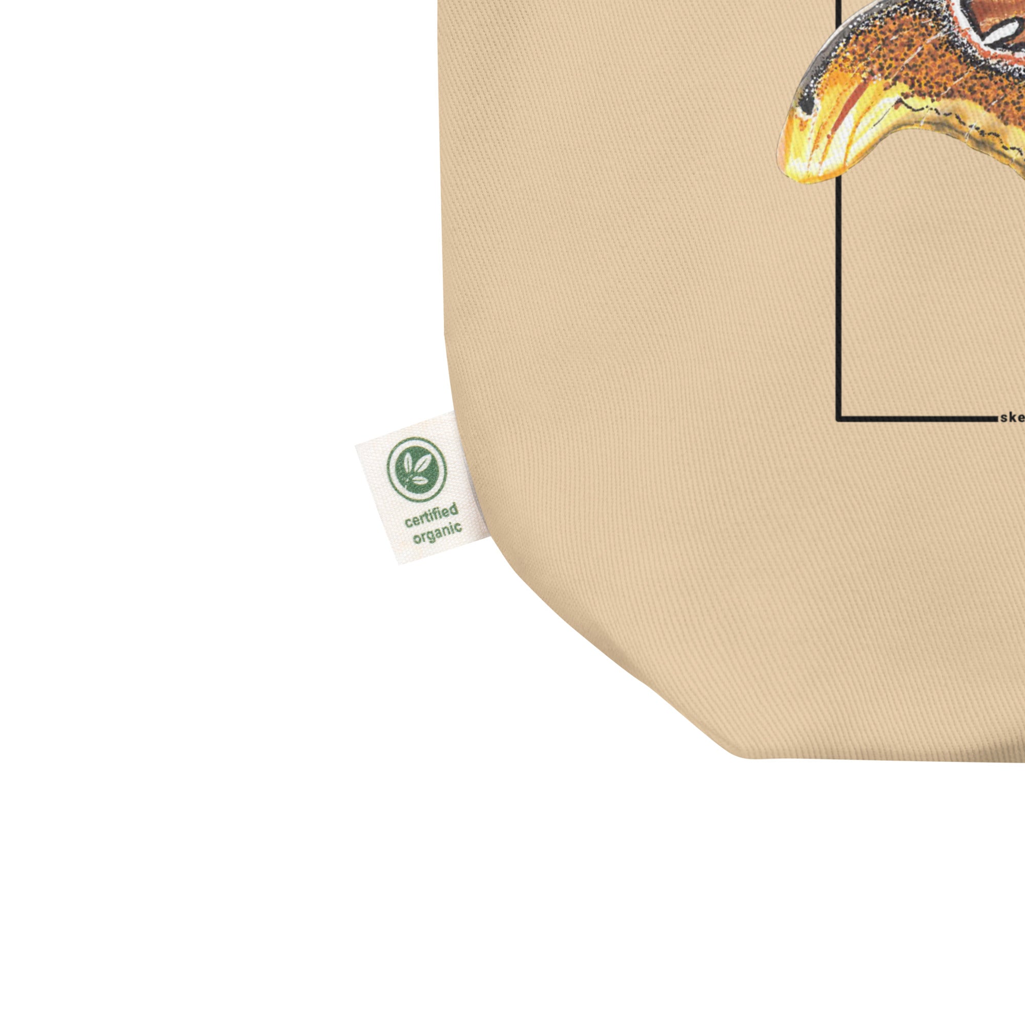 Product mockup of our atlas moth organic tote bag. Here showing the organic logo in detail.