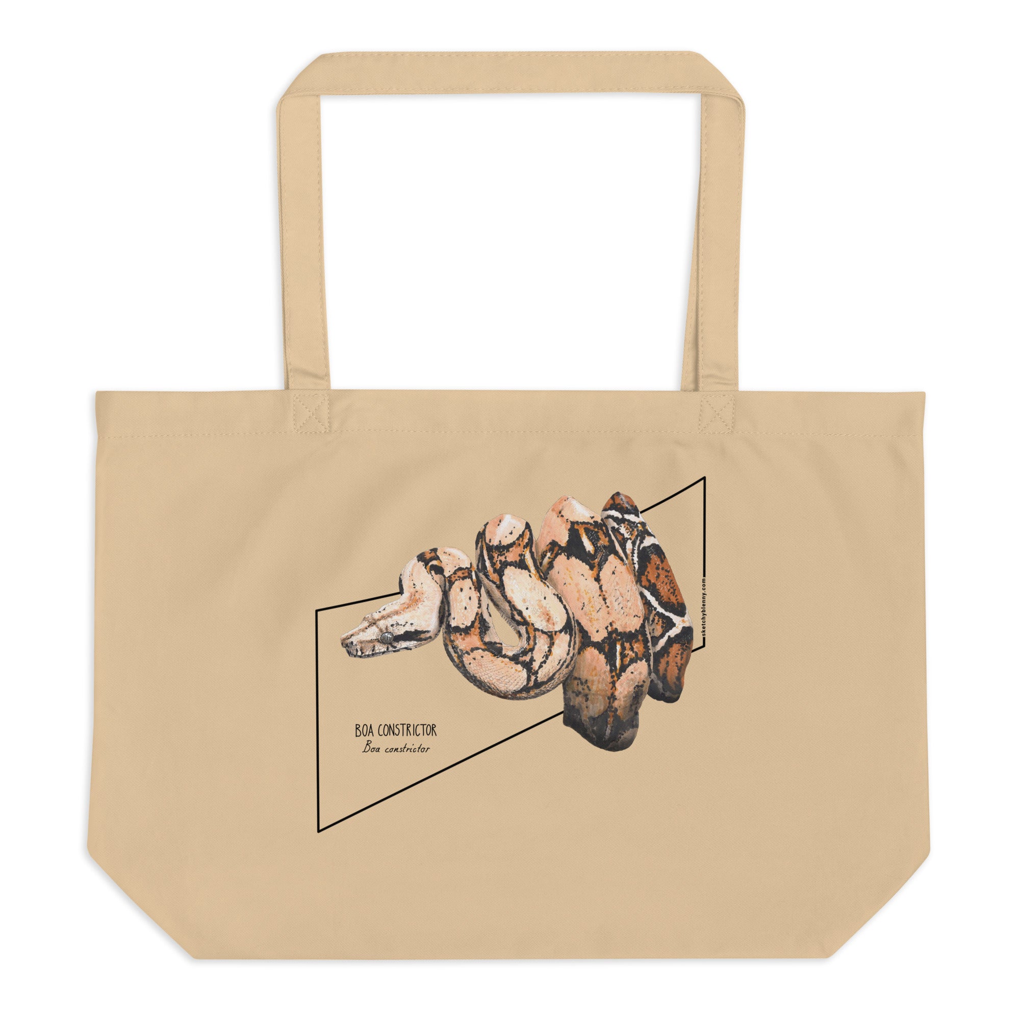 Product mockup of our organic tote bag with a boa constrictor print, here lying flat on a surface.