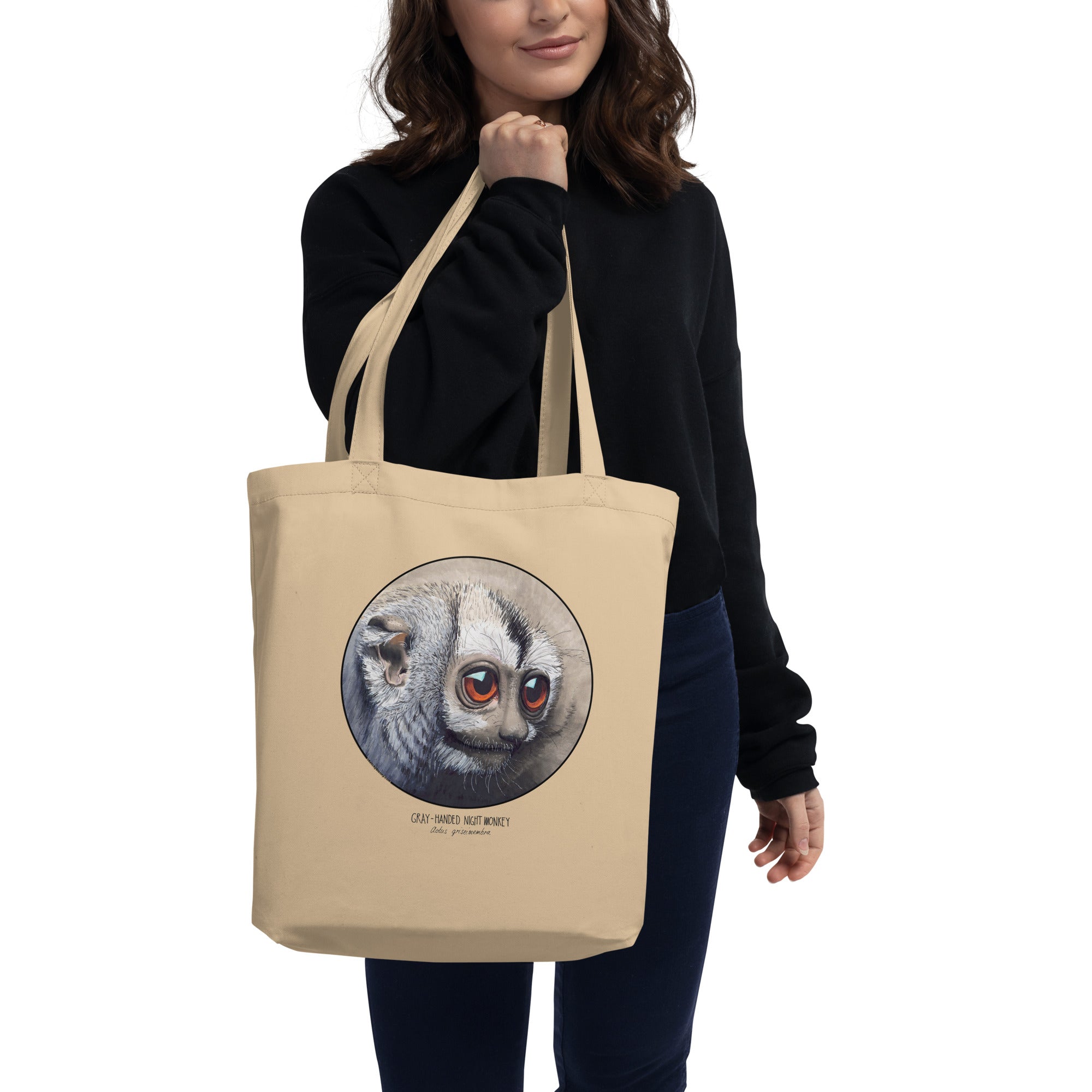 Sketchy Blenny organic tote bag with a cute monkey print. Sturdy and spacious, ready for the day's challenges!