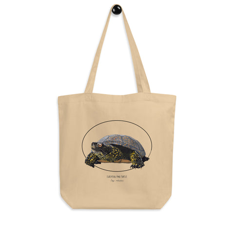 Standard size tote bag made out of 100% organic cotton. This print features a friendly European Pond Turtle.