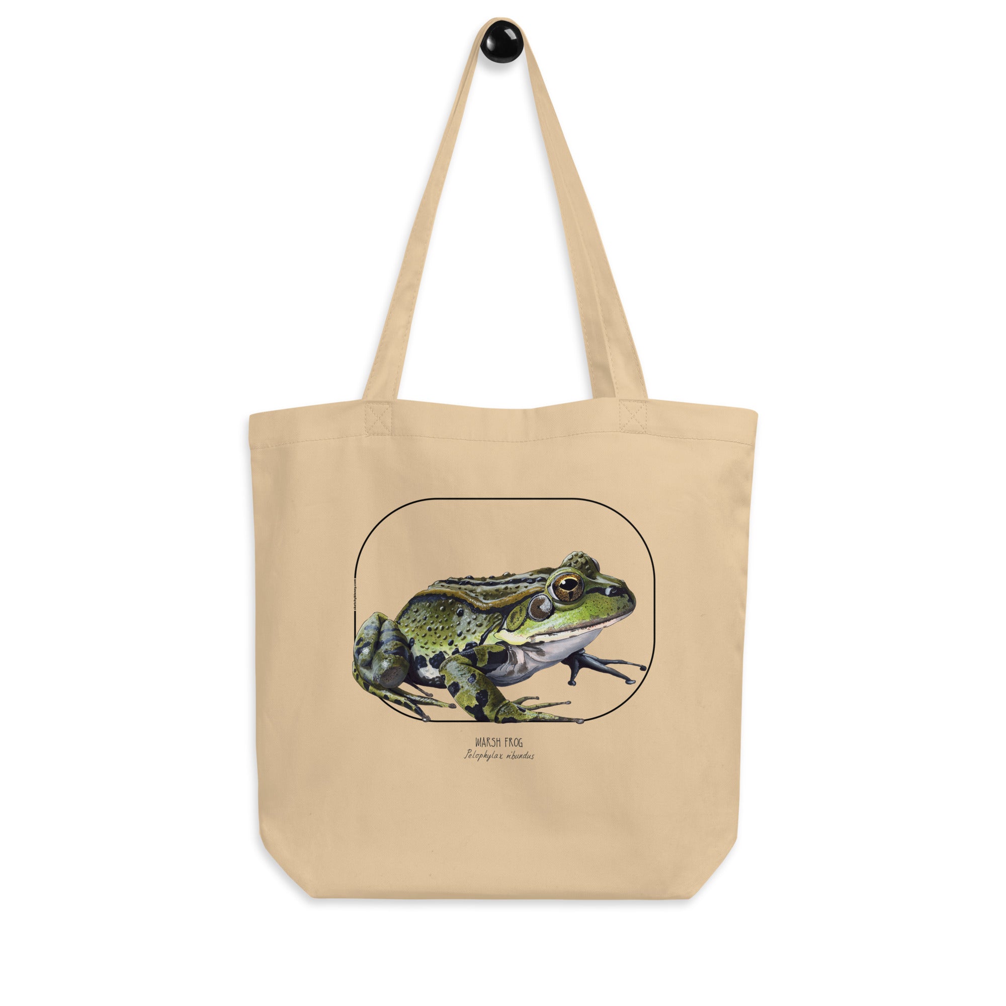 Standard size tote bag made from 100% organic cotton. This marsh frog print was lovingly hand-crafted with lots of detail.