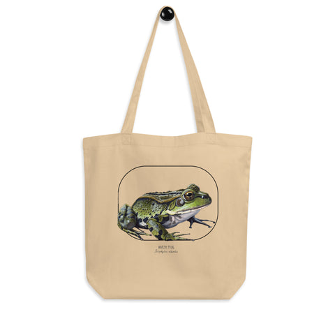 Standard size tote bag made from 100% organic cotton. This marsh frog print was lovingly hand-crafted with lots of detail.