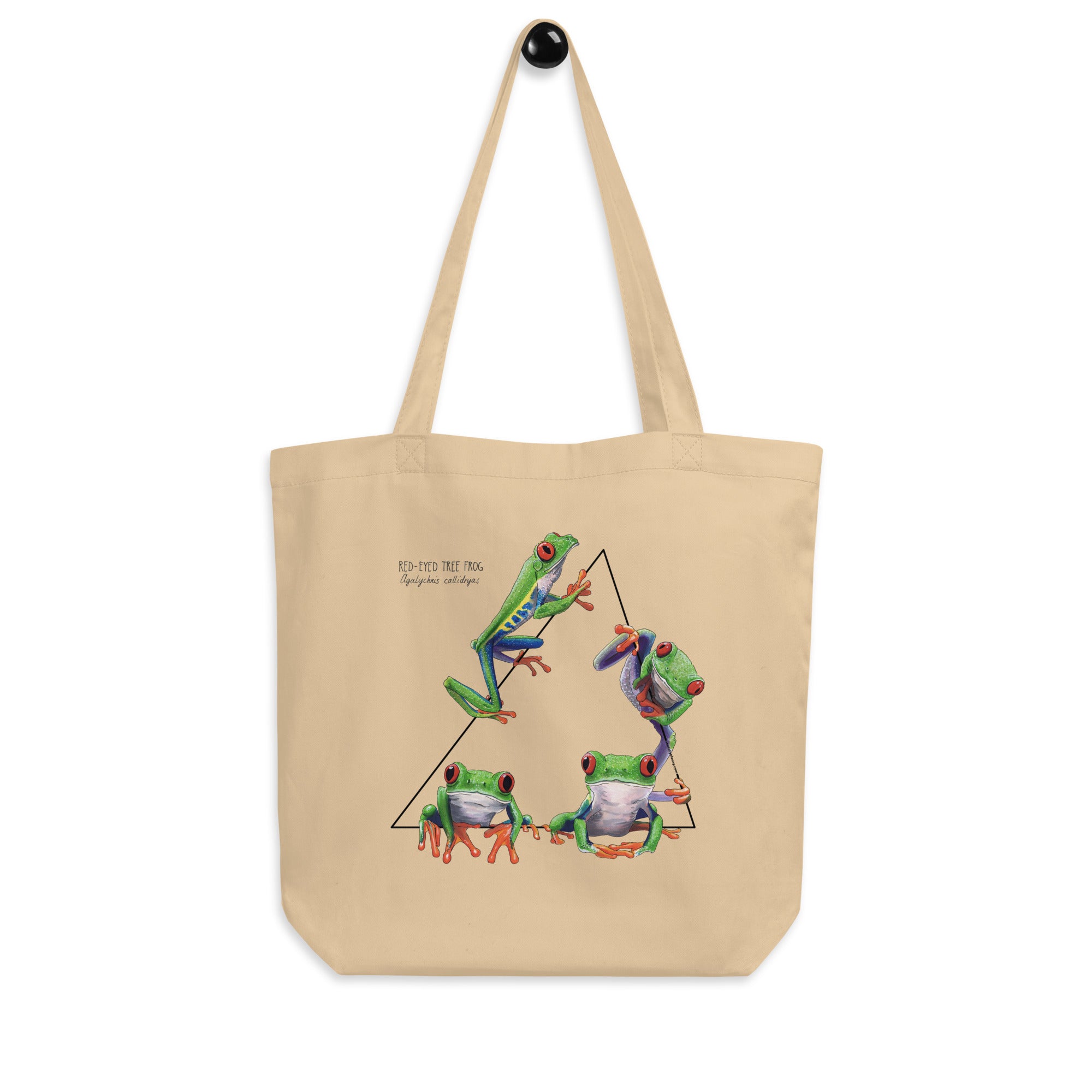 Product photo of a Red-Eyed Tree Frog Tote Bag. 100% organic cotton, sturdy bag with one big compartment.