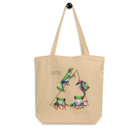 Product photo of a Red-Eyed Tree Frog Tote Bag. 100% organic cotton, sturdy bag with one big compartment.