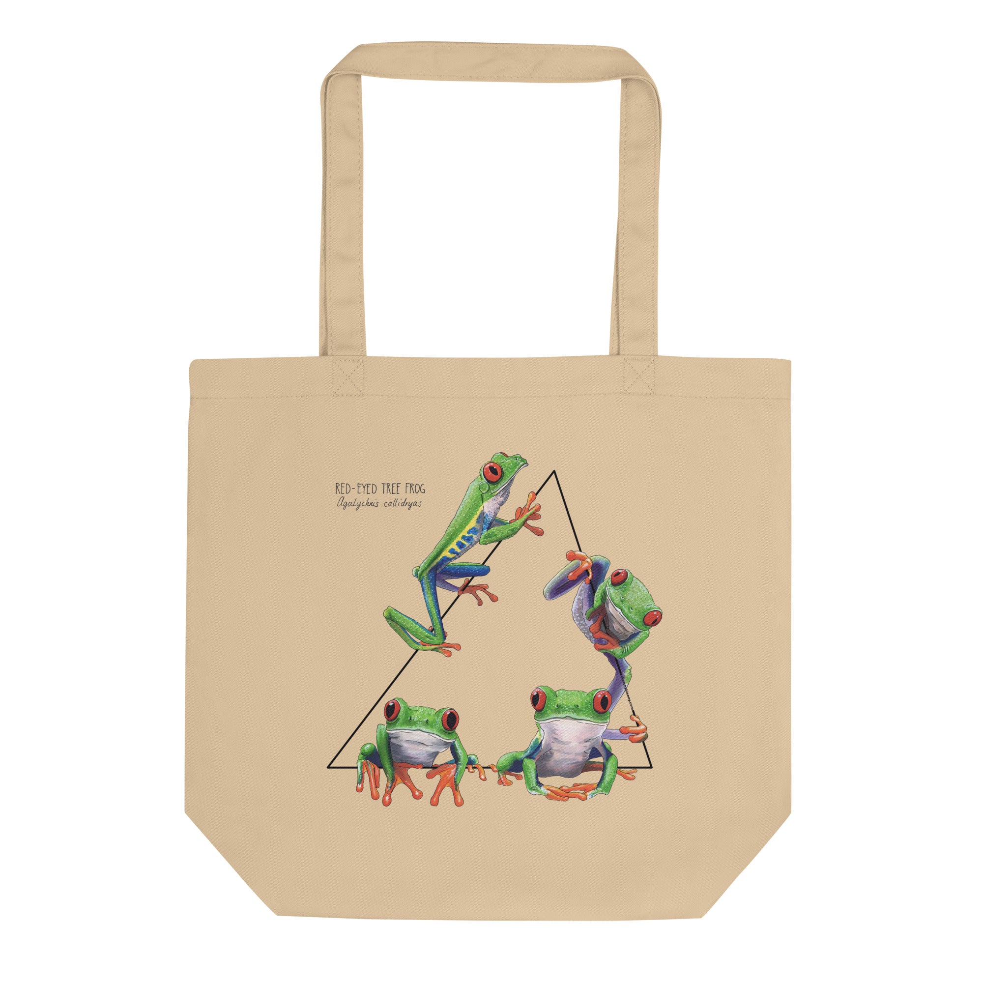 Product photo of a Red-Eyed Tree Frog Tote Bag. 100% organic cotton, sturdy bag with one big compartment.
