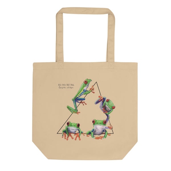 Product photo of a Red-Eyed Tree Frog Tote Bag. 100% organic cotton, sturdy bag with one big compartment.
