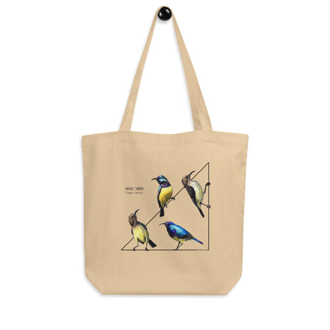 Standard size organic tote bag with a lively print of 4 variable sunbirds.looking at each other, 2 males and 2 females.