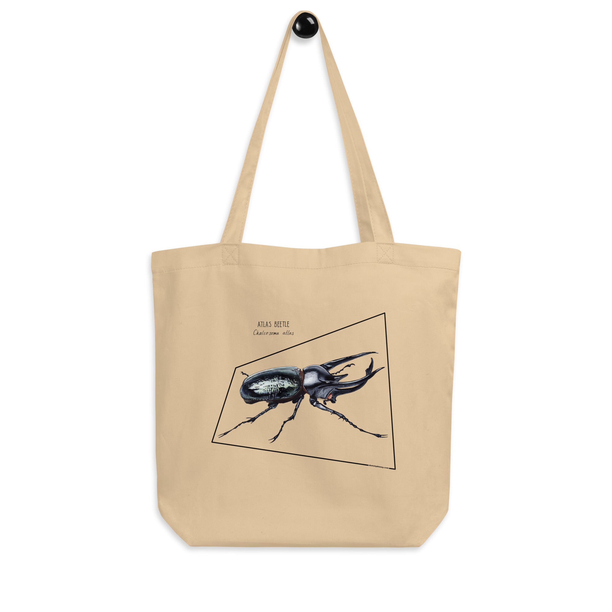 Sketchy Blenny tote bag with a beautiful print of a hand-drawn animal. This one features an atlas beetle. 100% organic cotton. Beach bag, shopping bag, travel bag, or just as a present. PETA-approved vegan.