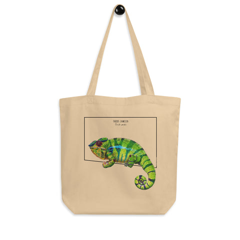 Tote bag with a bright green panther chameleon print