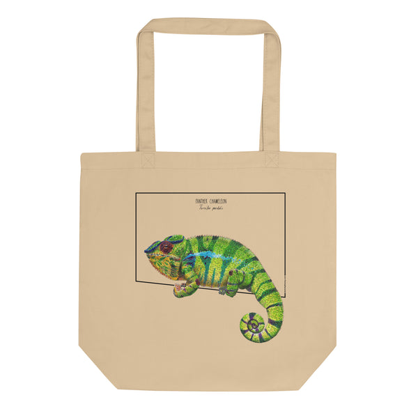 Sketchy Blenny tote bag with a print of a stunning green panther chameleon. Beautiful print of a hand-drawn animal, 100% organic cotton. Beach bag, shopping bag, travel bag, or just as a present. PETA-approved vegan.