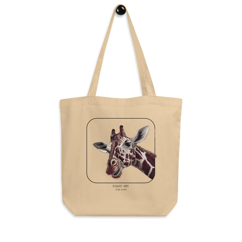 Our sturdy, spacious bag, this one shows a friendly reticulated giraffe. 100% organic cotton. Beach bag, shopping bag, library bag or just a present!