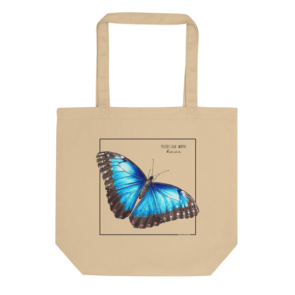 A mock up of our blue morpho tote bag. Versatile, sturdy, this bag can be used as shopping bag, gym bag or as any everyday bag!