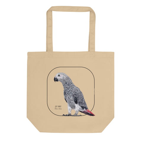 Mock up of our tote bag. This sturdy bag comes with a beautiful print of a hand-drawn juvenile grey parrot. 100% organic cotton. Beach bag, shopping bag, travel bag, or just as a present. PETA-approved vegan.