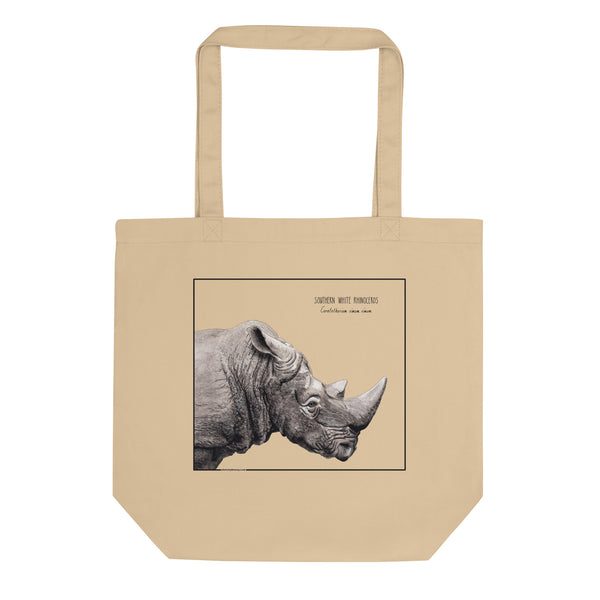 Product mockup of our tote bag with beautiful, carefully drawn southern white rhinoceros printed on the front side of the bag.