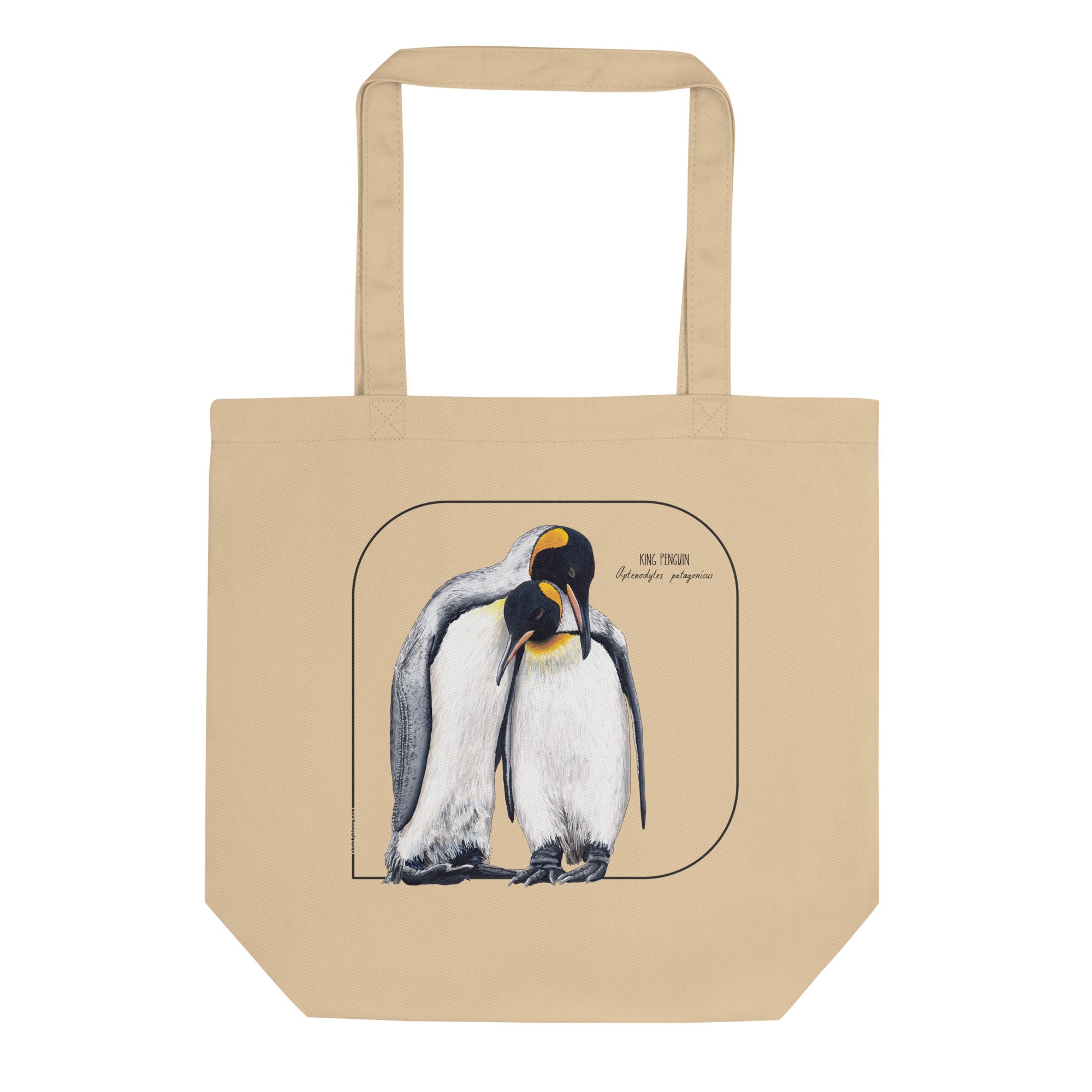Product mockup of our sturdy tote bag. It comes with a beautiful print of a hand-drawn pair of king penguins huddled together. 100% organic cotton. Beach bag, shopping bag, travel bag, or just as a present.