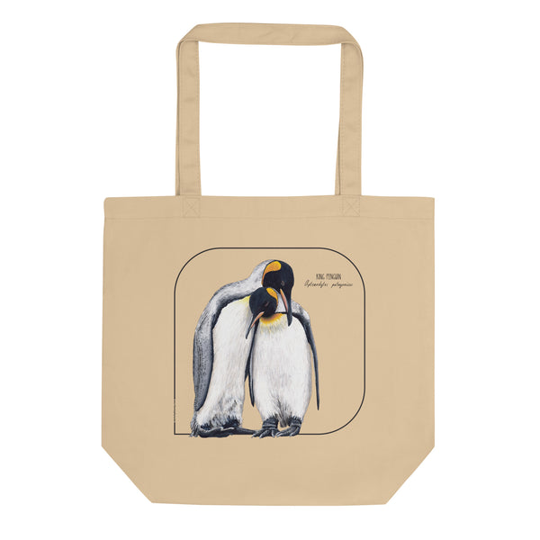 Product mockup of our sturdy tote bag. It comes with a beautiful print of a hand-drawn pair of king penguins huddled together. 100% organic cotton. Beach bag, shopping bag, travel bag, or just as a present.