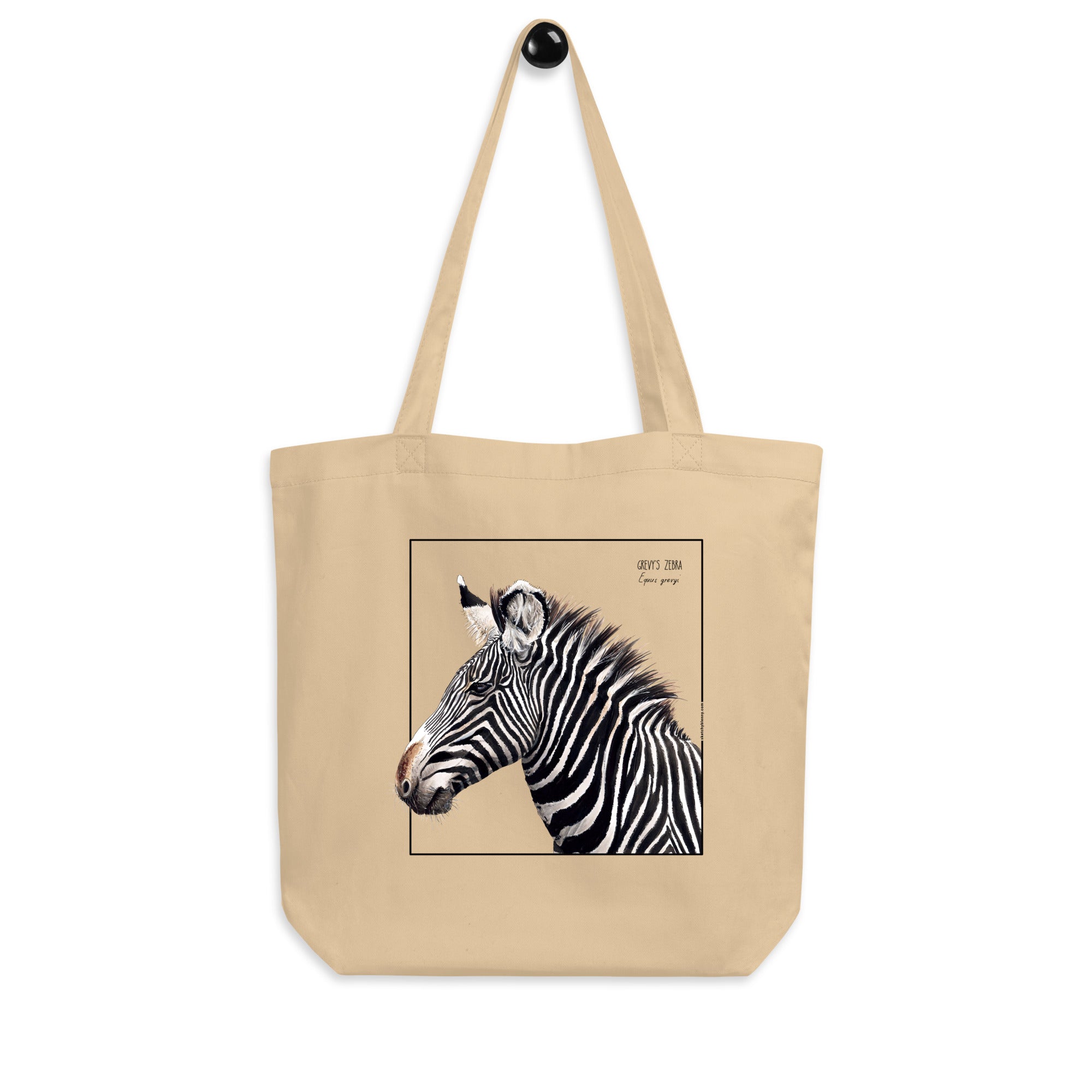 Product mockup of our tote bag with a beautiful print of a hand-drawn Grévy's Zebra. 100% organic cotton. Beach bag, shopping bag, travel bag, or just as a present.