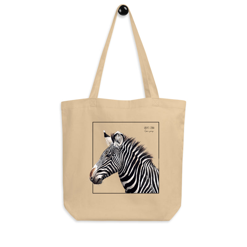Product mockup of our tote bag with a beautiful print of a hand-drawn Grévy's Zebra. 100% organic cotton. Beach bag, shopping bag, travel bag, or just as a present.