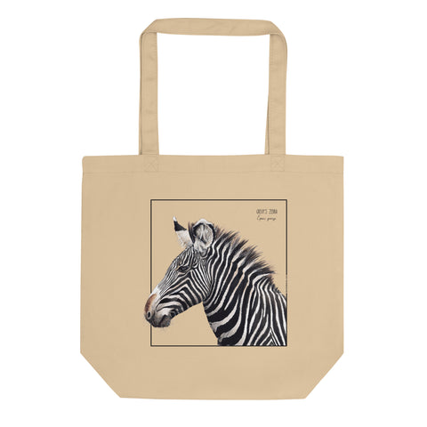 Product mockup of our tote bag with a beautiful print of a hand-drawn Grévy's Zebra. 100% organic cotton. Beach bag, shopping bag, travel bag, or just as a present.