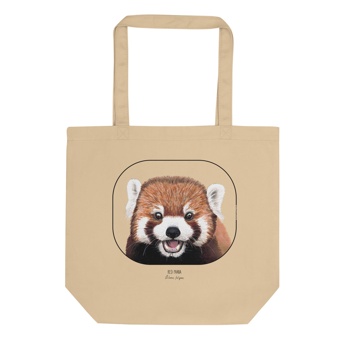 Product mockup of the organic cotton tote bag with cheeky red panda print.