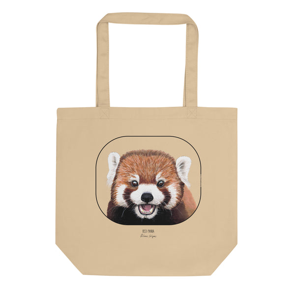 Product mockup of the organic cotton tote bag with cheeky red panda print.