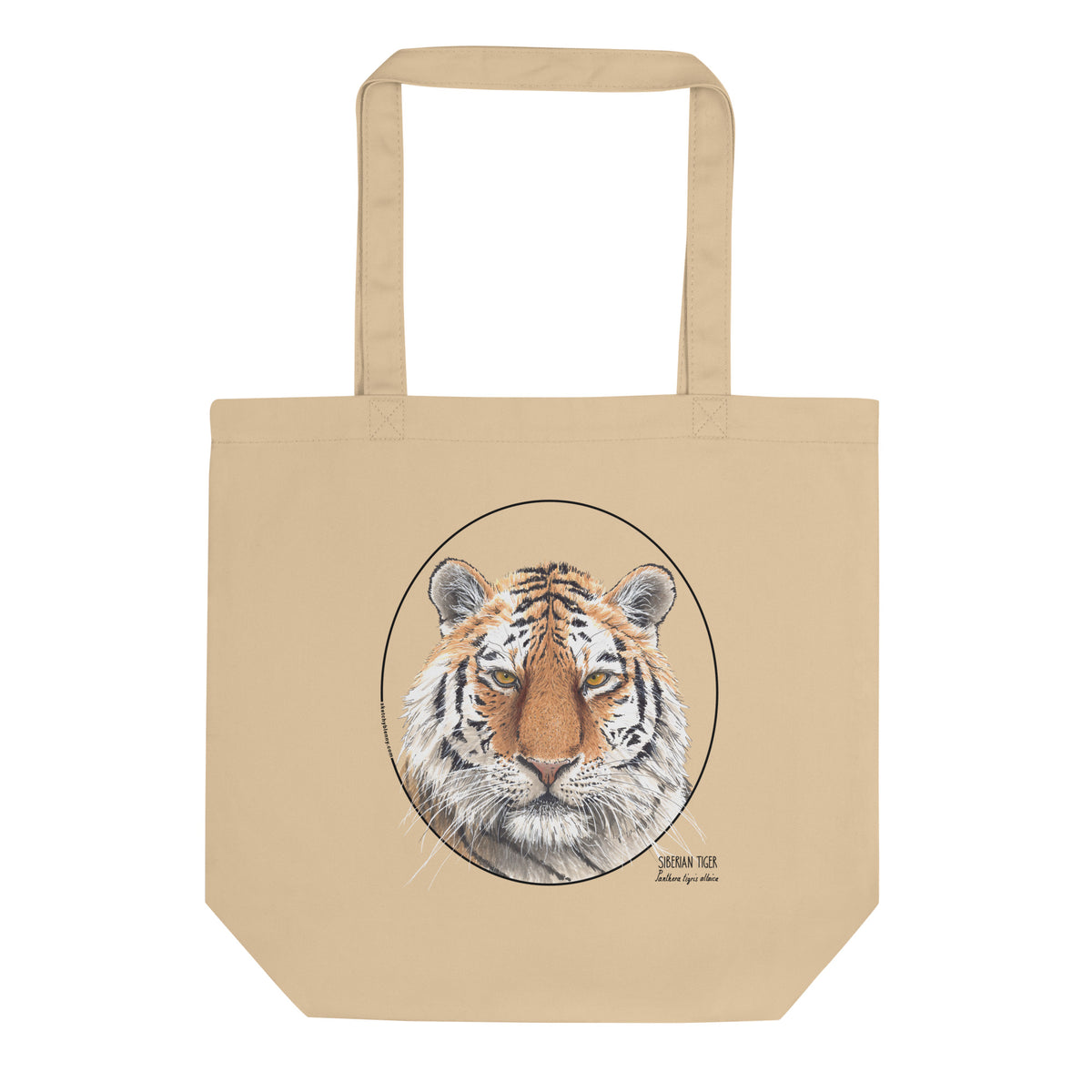 Product mockup of our organic cotton tote bag with a striking siberian tiger print.