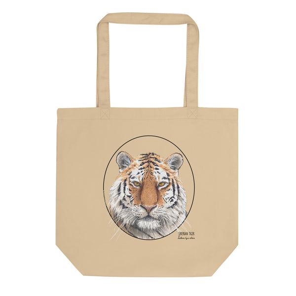 Product mockup of our organic cotton tote bag with a striking siberian tiger print.