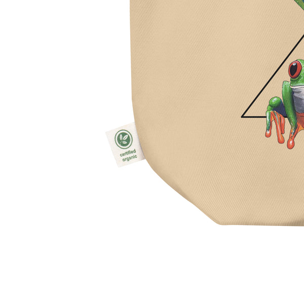 Product photo of a Red-Eyed Tree Frog Tote Bag. 100% organic cotton, sturdy bag with one big compartment.