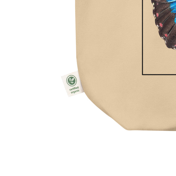 A mock up of our blue morpho tote bag. Versatile, sturdy, this bag can be used as shopping bag, gym bag or as any everyday bag!