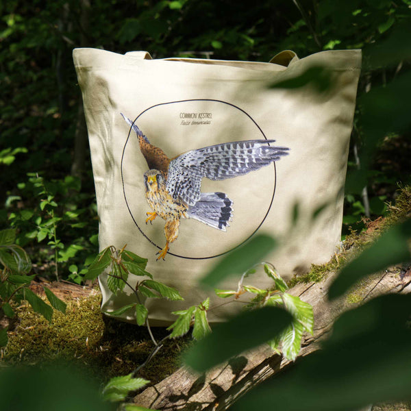 Outdoor photo of the organic cotton tote bag with a kestrel print in a forest location.