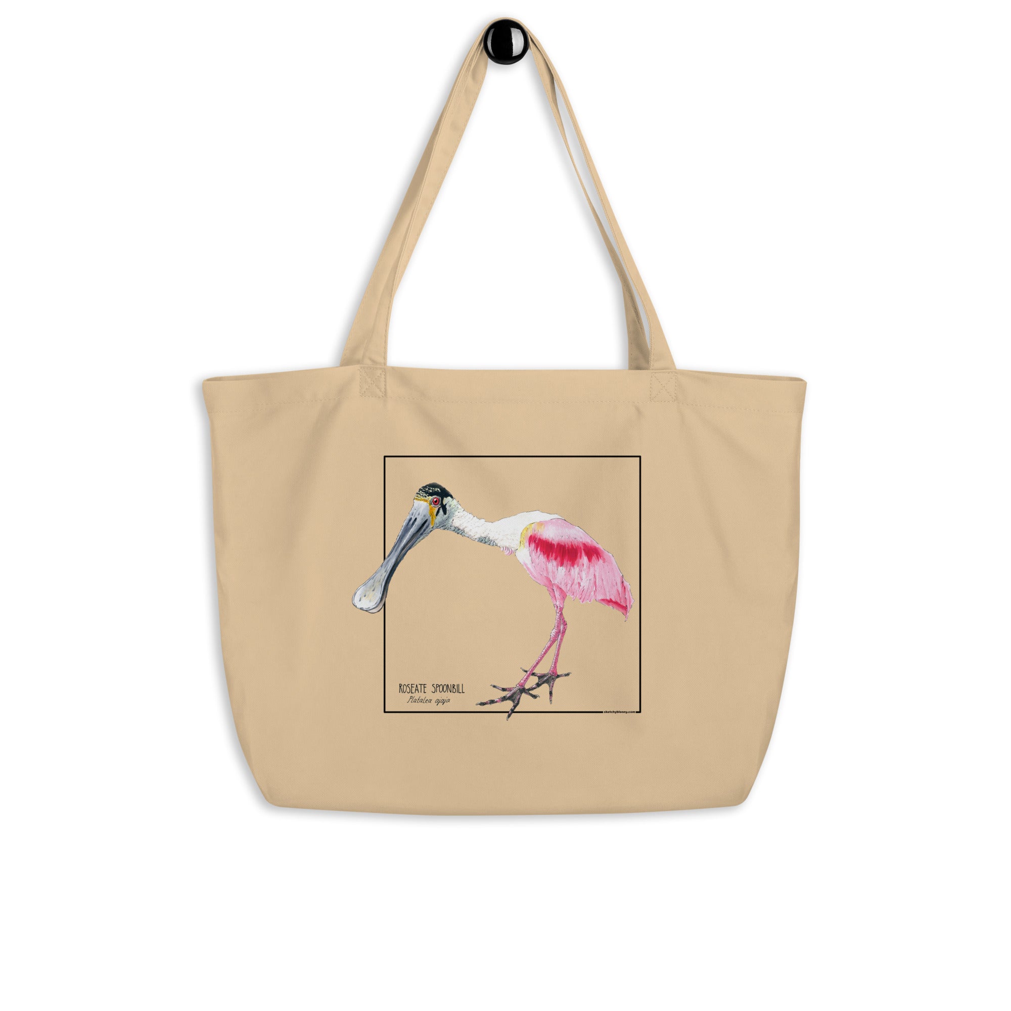 Large size tote bag with a print of a roseate Spoonbill. This bright pink bird adds a splash of colour to your day!