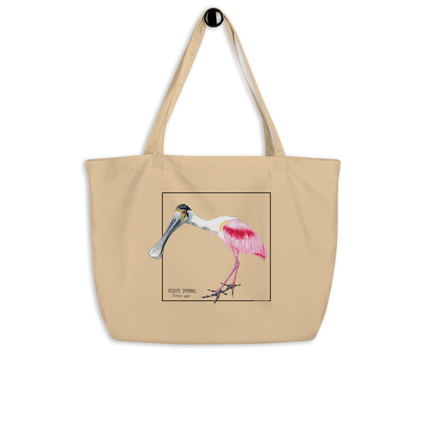 Large size tote bag with a print of a roseate Spoonbill. This bright pink bird adds a splash of colour to your day!