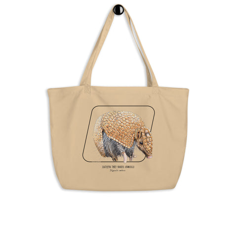Sketchy Blenny organic tote bag with a sleepy armadillo print