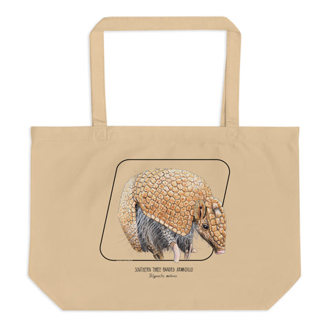 Large tote bag with a cute little southern three-banded armadillo on it. 100% organic cotton.