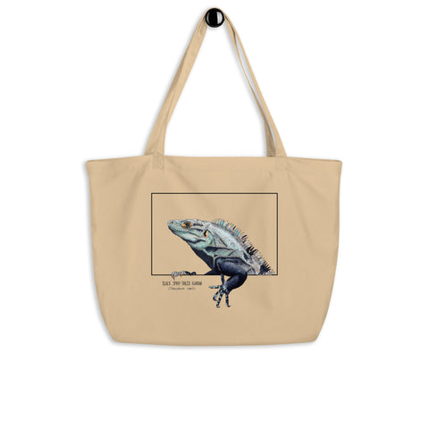 Sketchy Blenny organic tote bag with a curious iguana print