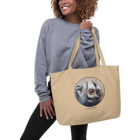 Large tote bag with a print of a grey-handed night monkey. Beautiful print of hand-drawn animal, 100% organic cotton. Beach bag, shopping bag, travel bag, or just as a present. PETA-approved vegan.