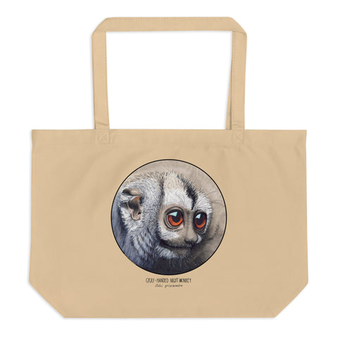Large tote bag with a print of a grey-handed night monkey. Beautiful print of hand-drawn animal, 100% organic cotton. Beach bag, shopping bag, travel bag, or just as a present. PETA-approved vegan.