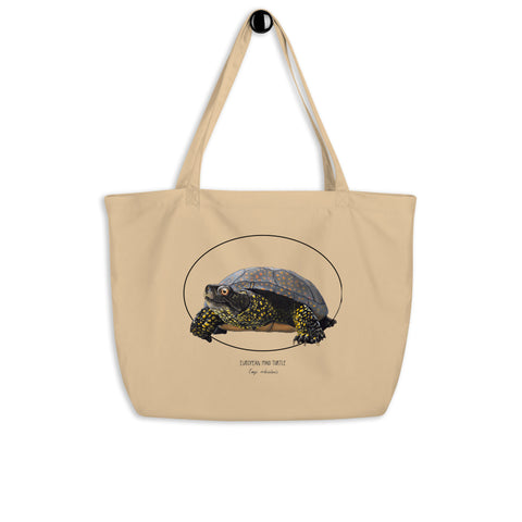 Large tote bag made out of 100% organic cotton. This print features a friendly European Pond Turtle.