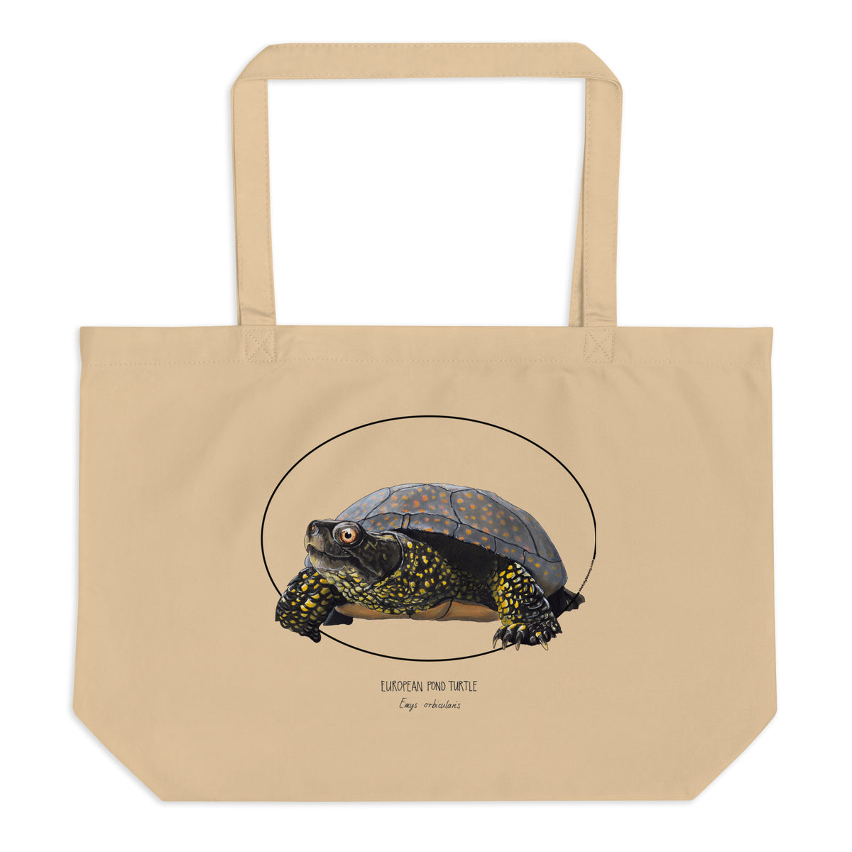 Large tote bag made out of 100% organic cotton. This print features a friendly European Pond Turtle.