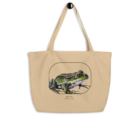 Large size tote bag made from 100% organic cotton. This marsh frog print was lovingly hand-crafted with lots of detail.