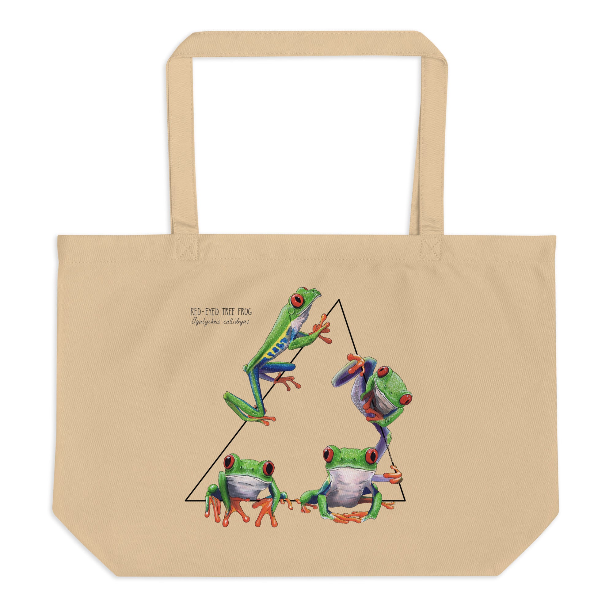 The large version of our Red-Eyed Tree Frog Tote Bag. 100% organic cotton, sturdy bag with one big compartment.