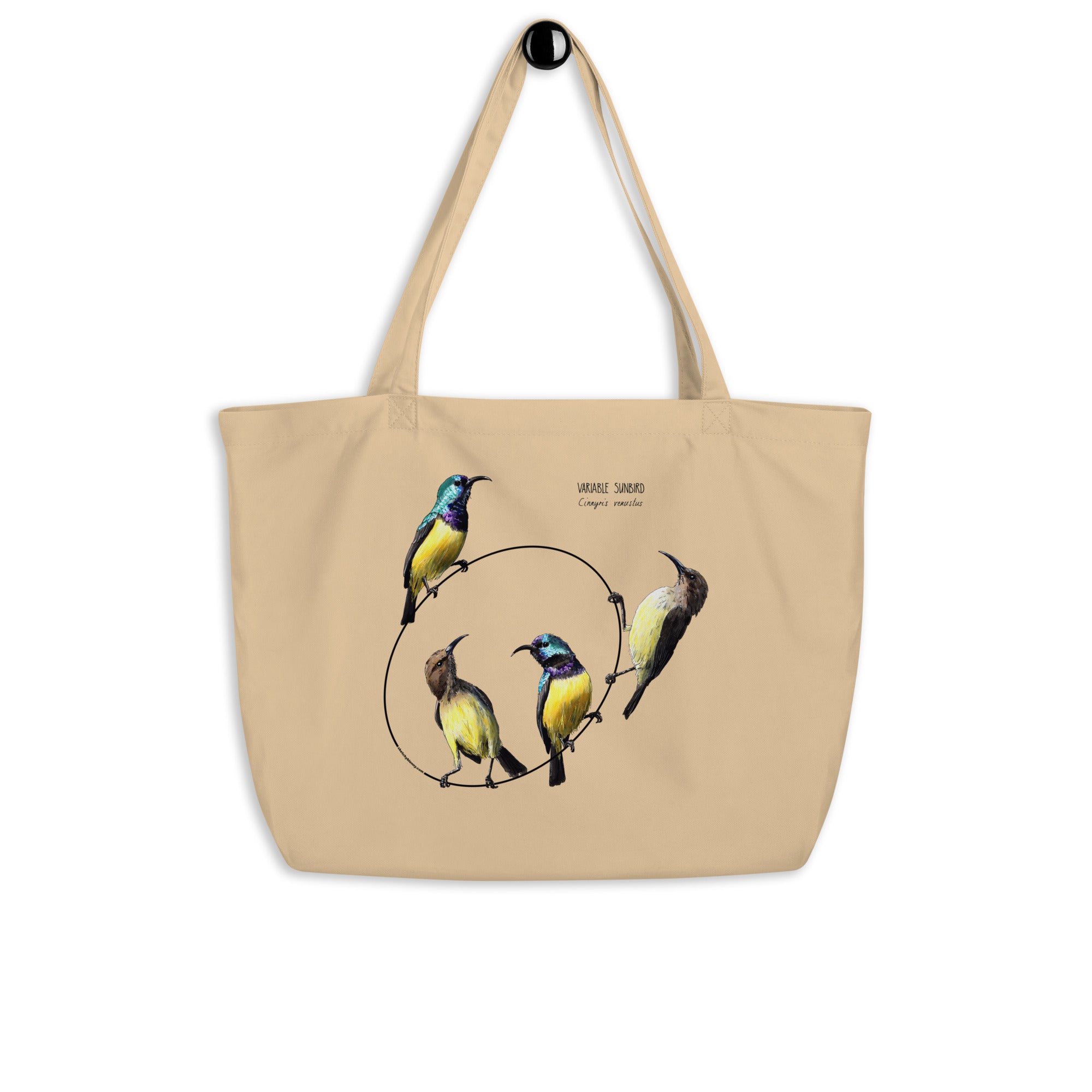 Large organic tote bag with a lively print of 4 variable sunbirds.looking at each other, 2 males and 2 females.