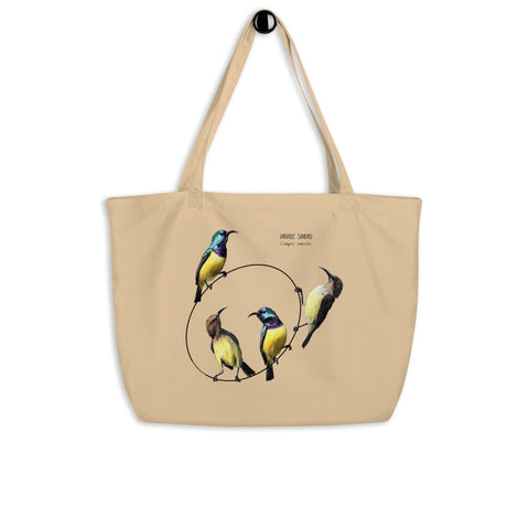 Large organic tote bag with a lively print of 4 variable sunbirds.looking at each other, 2 males and 2 females.