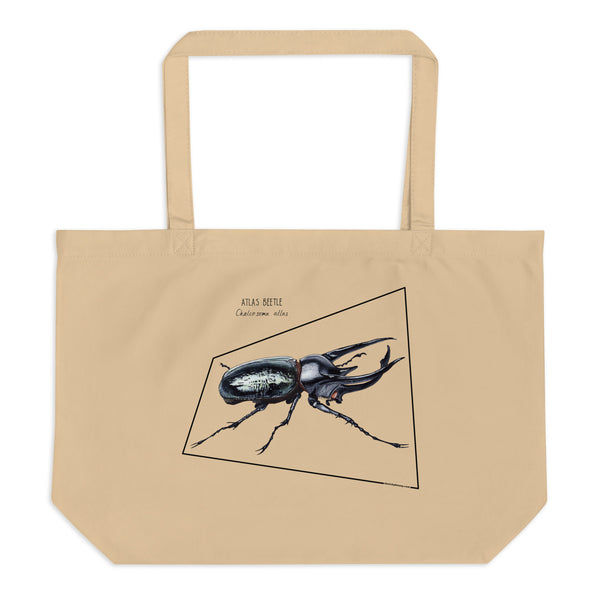 Large tote bag with print of an atlas beetle. Beautiful print of hand-drawn animal, 100% organic cotton. Beach bag, shopping bag, travel bag, or just as a present. PETA-approved vegan.