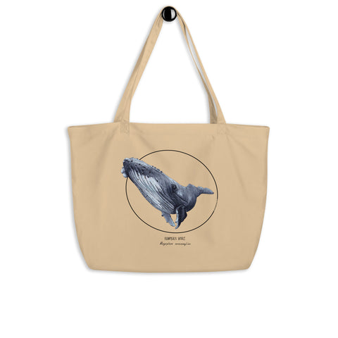 Large tote bag with print of a humpback whale. Beautiful hand-drawn bag, 100% organic cotton. Beach bag, shopping bag, travel bag, or just as a present. PETA-approved vegan.