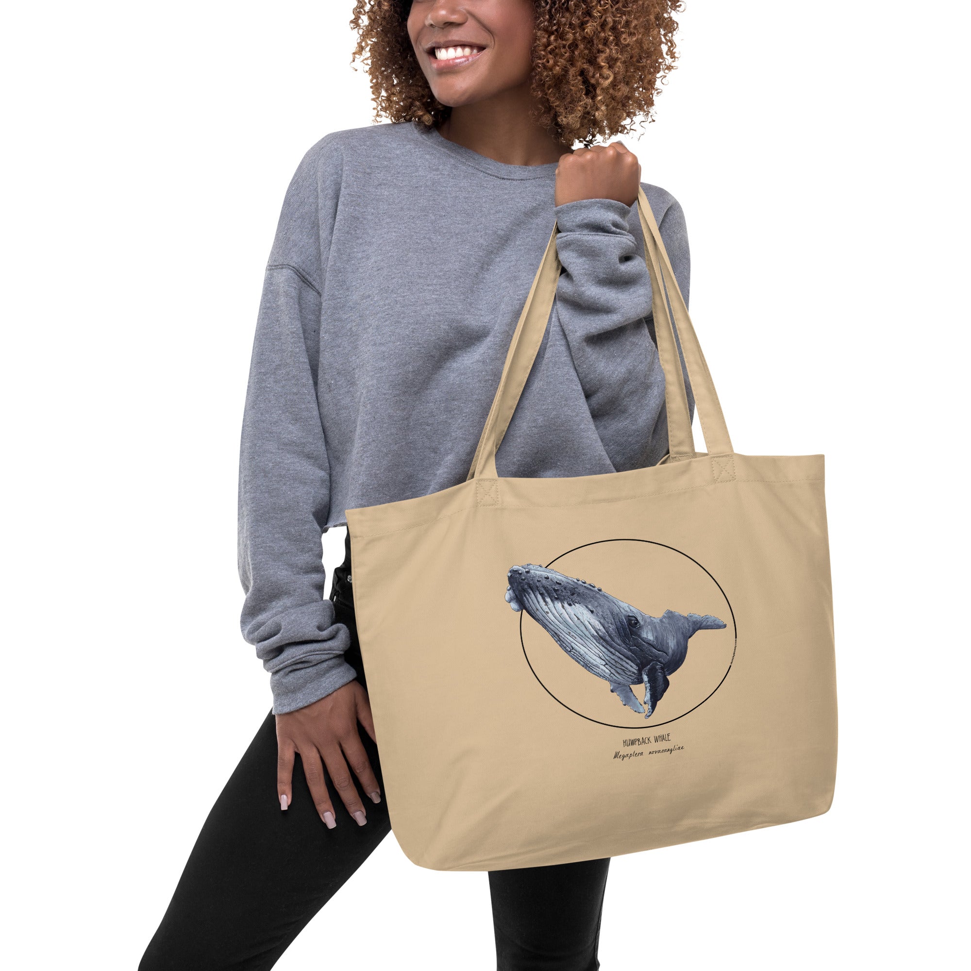 Large tote bag with print of a humpback whale. Beautiful hand-drawn bag, 100% organic cotton. Beach bag, shopping bag, travel bag, or just as a present. PETA-approved vegan.