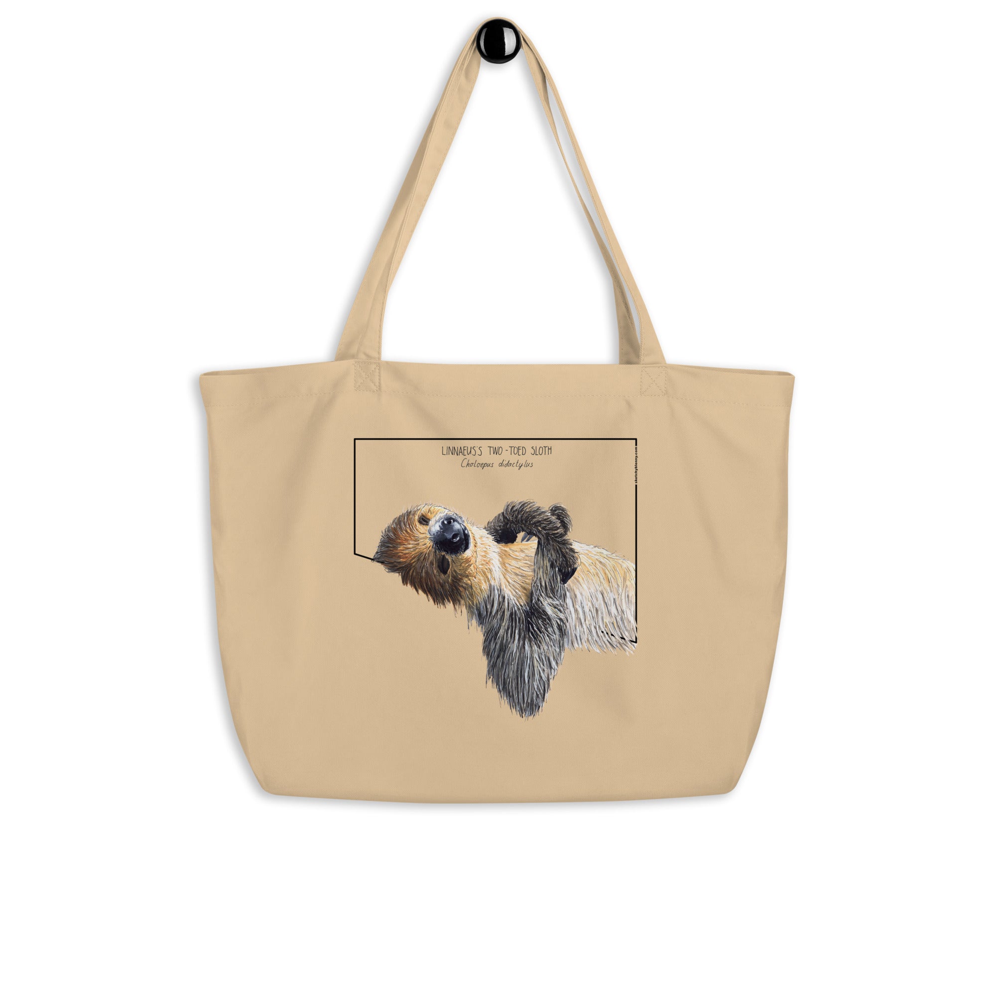 Large tote bag with a print of a cute sleeping sloth. Beautiful print of a hand-drawn animal, 100% organic cotton. Beach bag, shopping bag, travel bag, or just as a present. PETA-approved vegan.