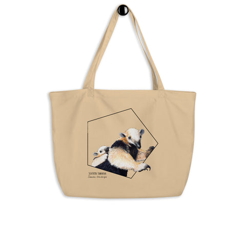 Large tote bag with a print of an adorable tamandua mom with a baby on the back. Beautiful print of a hand-drawn animal, 100% organic cotton. Beach bag, shopping bag, travel bag, or just as a present. PETA-approved vegan.